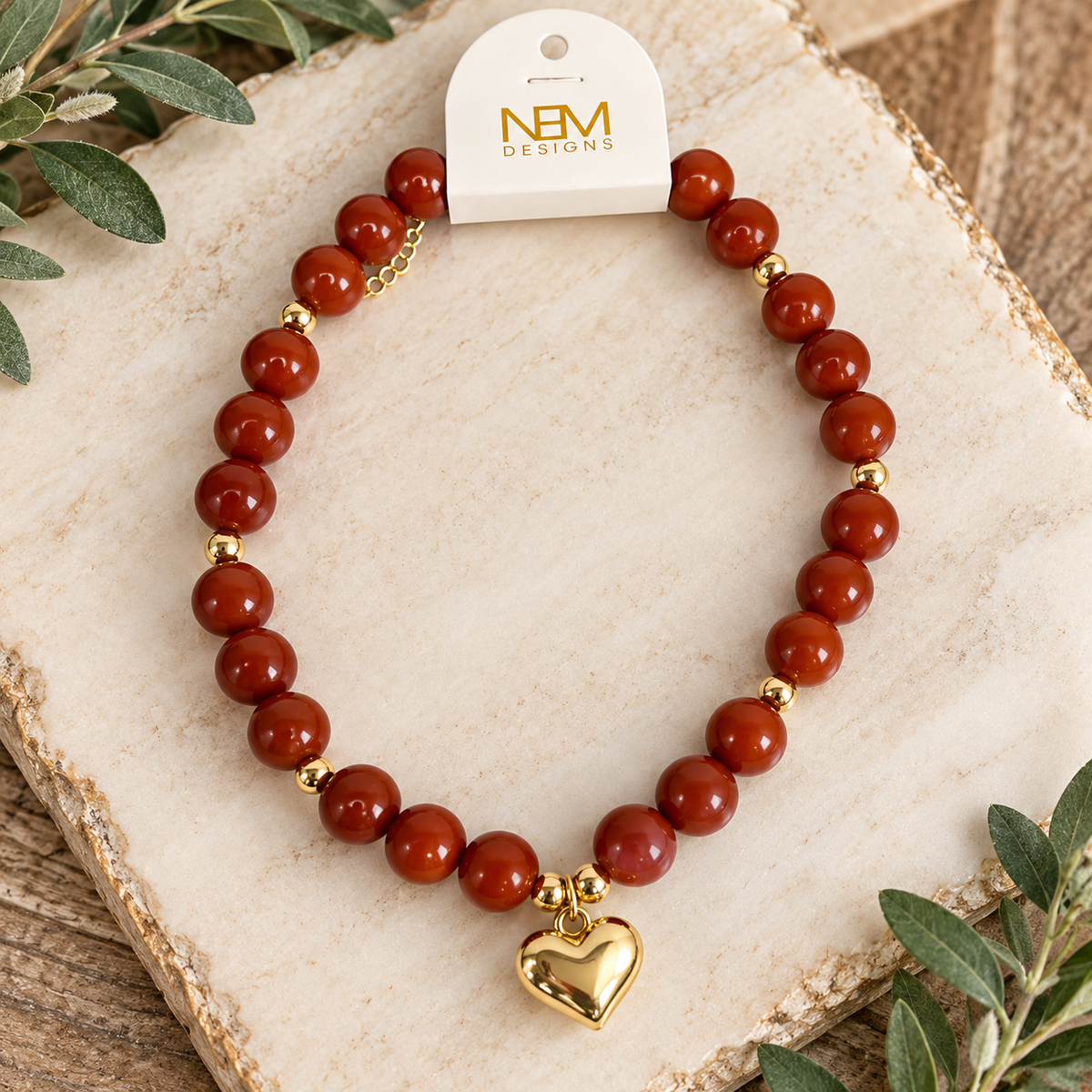 Rust Beaded Necklace with Heart