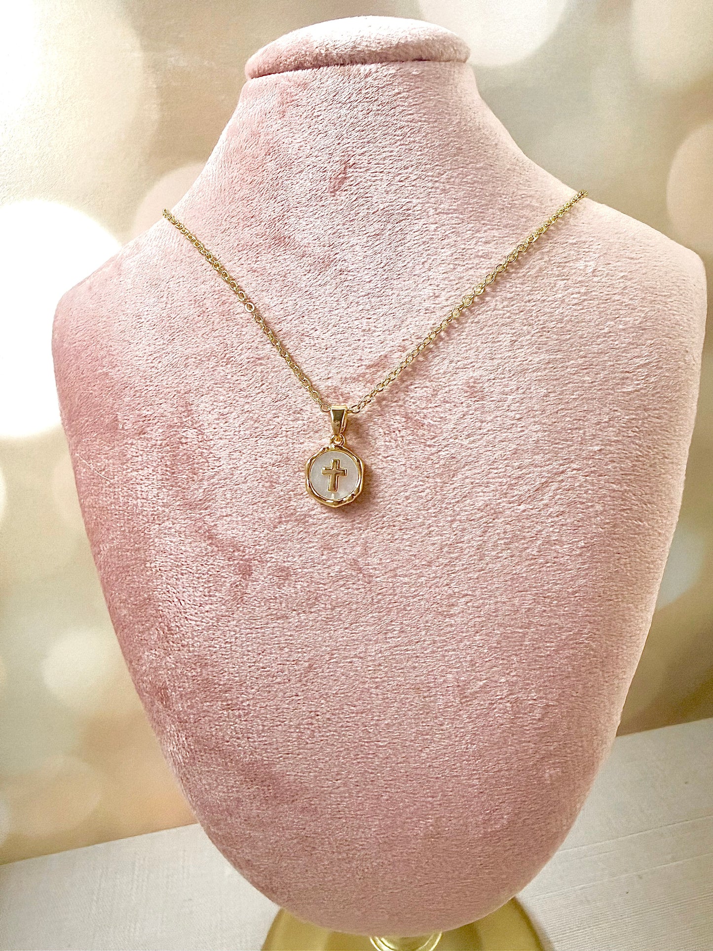 Gold Mother of Pearl Cross Necklace