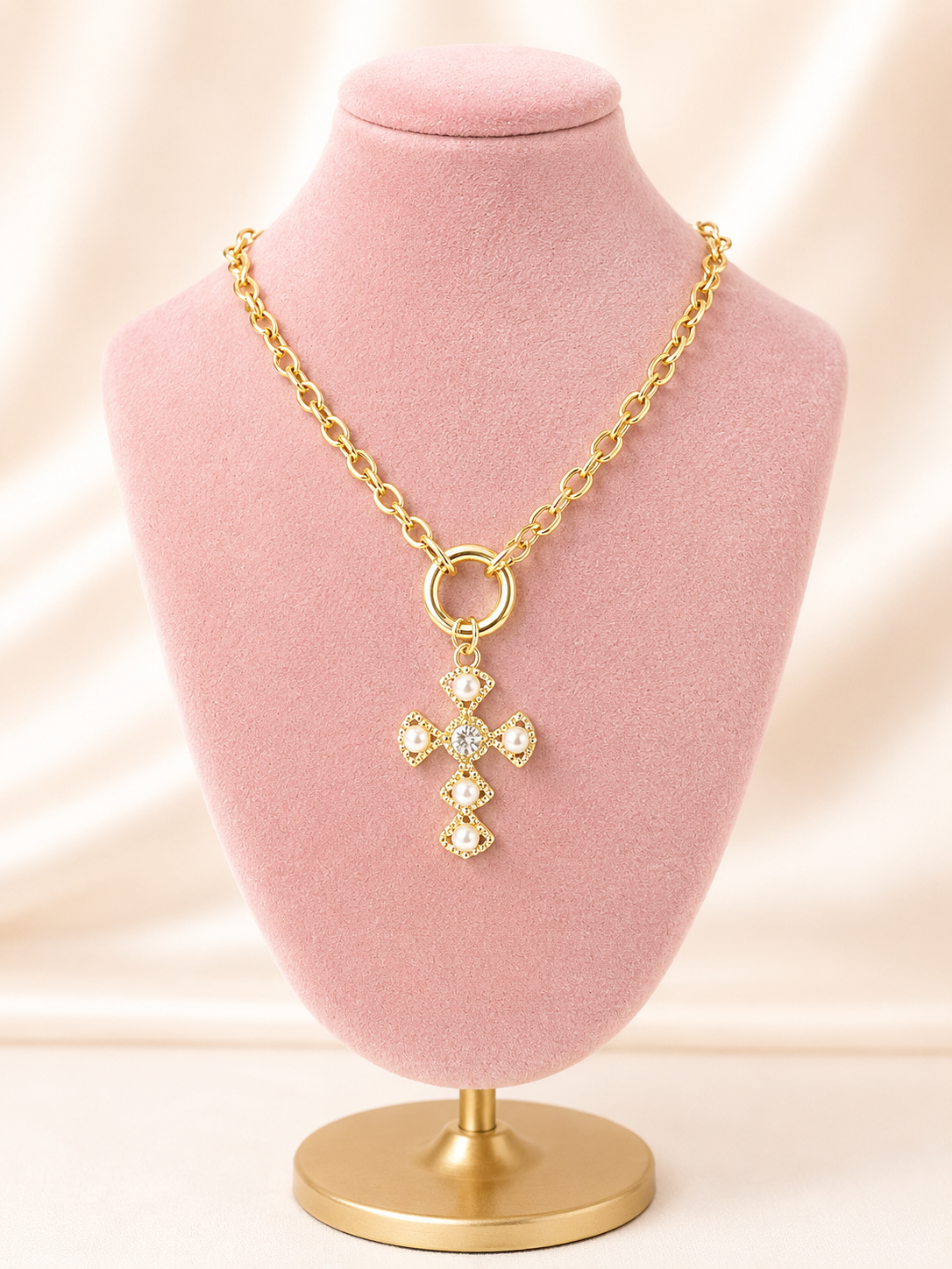Chunky Chain Pearl Cross Necklace