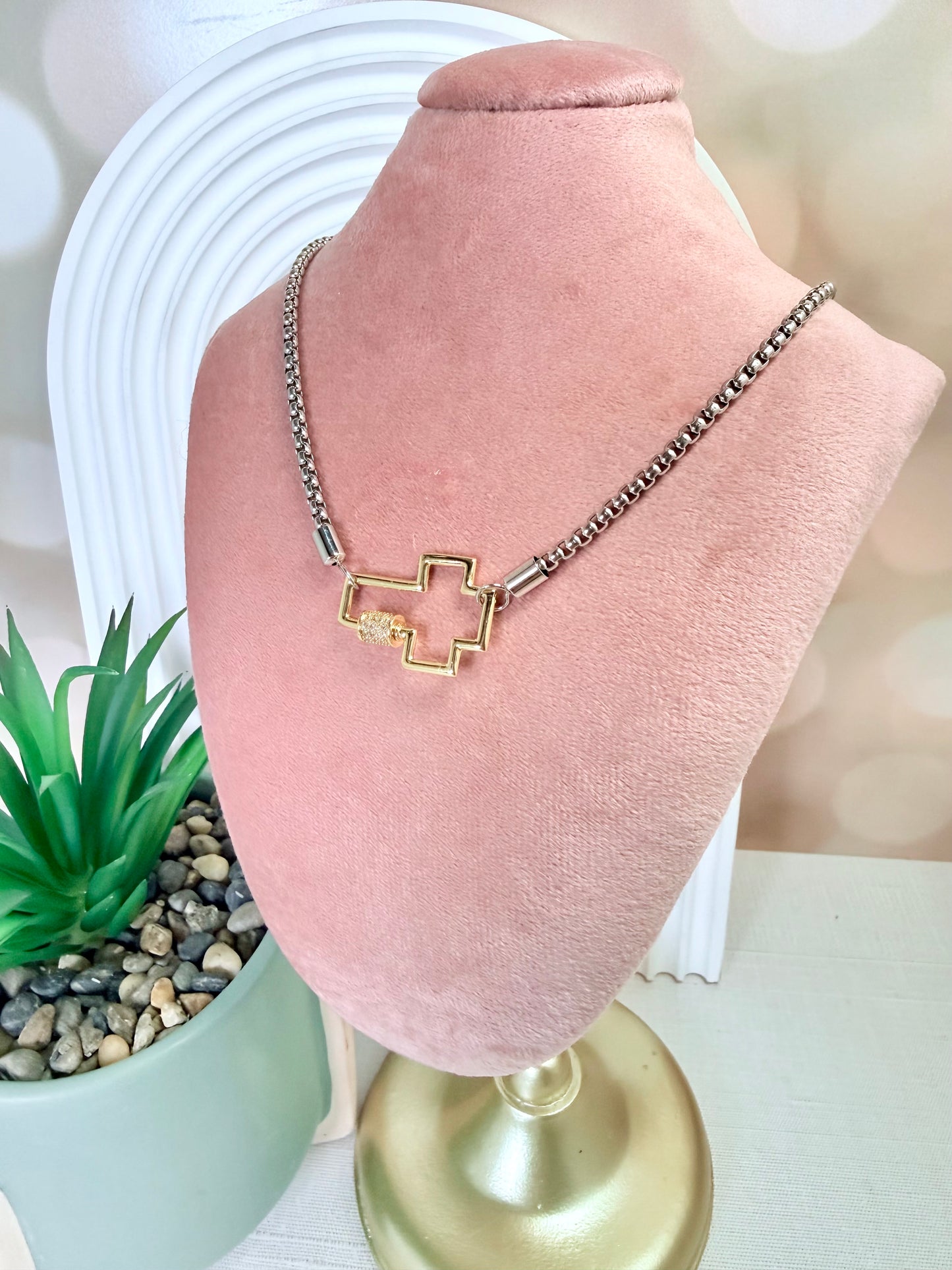 Two Tone Cross Carabiner Necklace