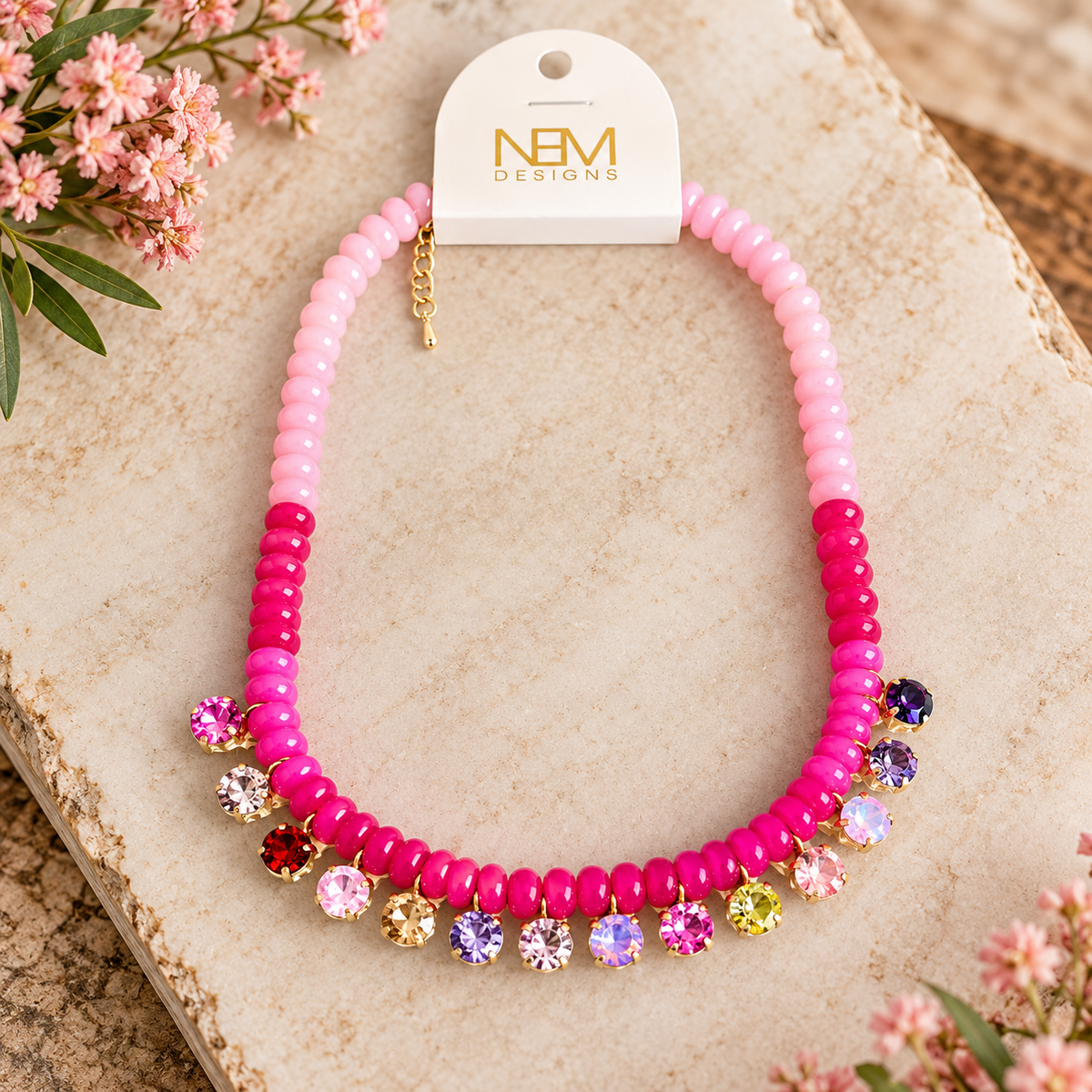Pink Beaded Necklace with Multi Stone