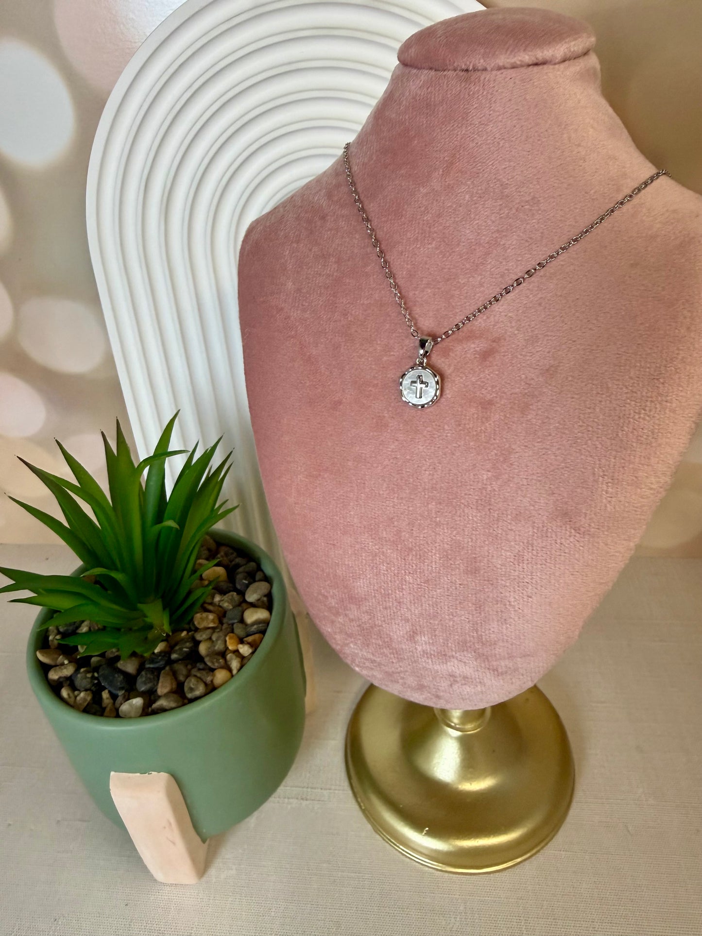 Dainty Silver Cross Pearl Necklace