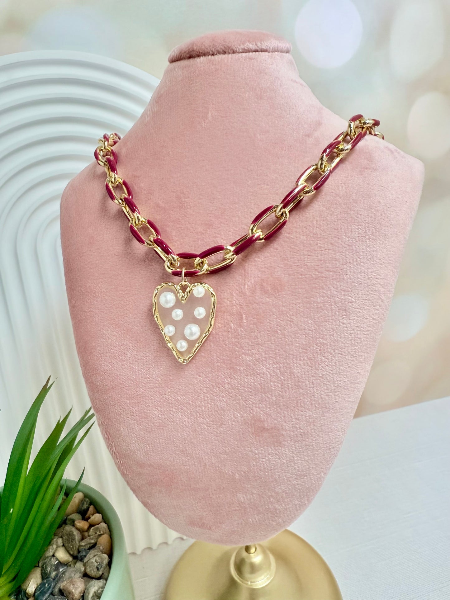 Maroon Enamel Pearl Heart