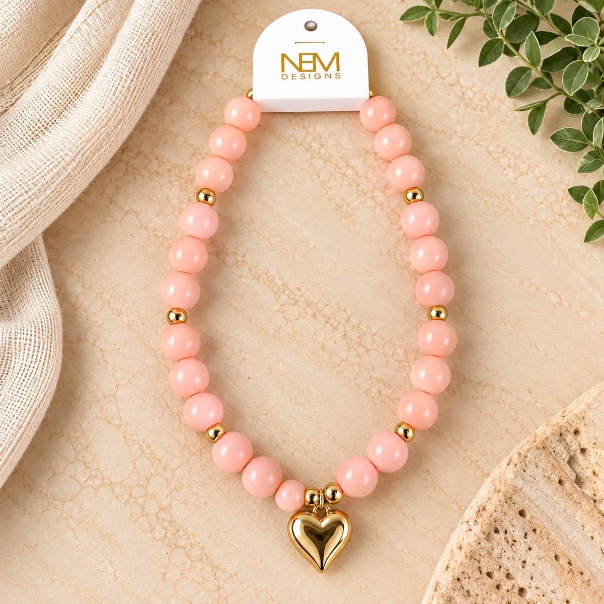 Pink Beaded Necklace with Heart