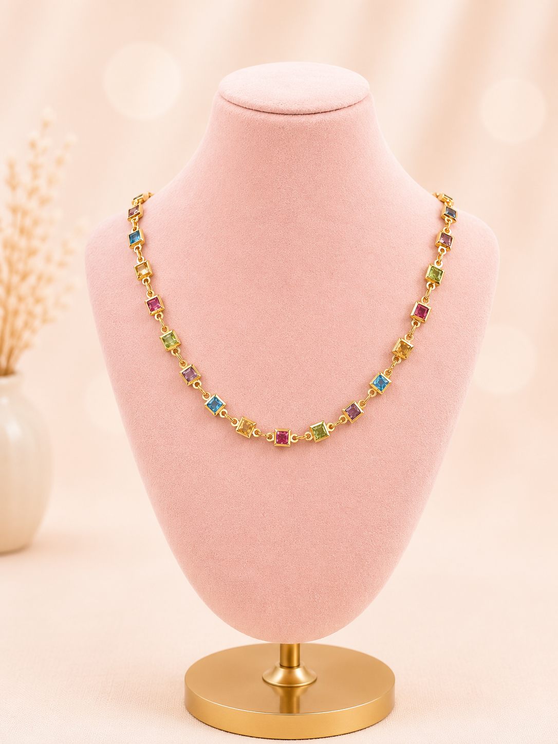 Square Multi Color Gemstone Necklace