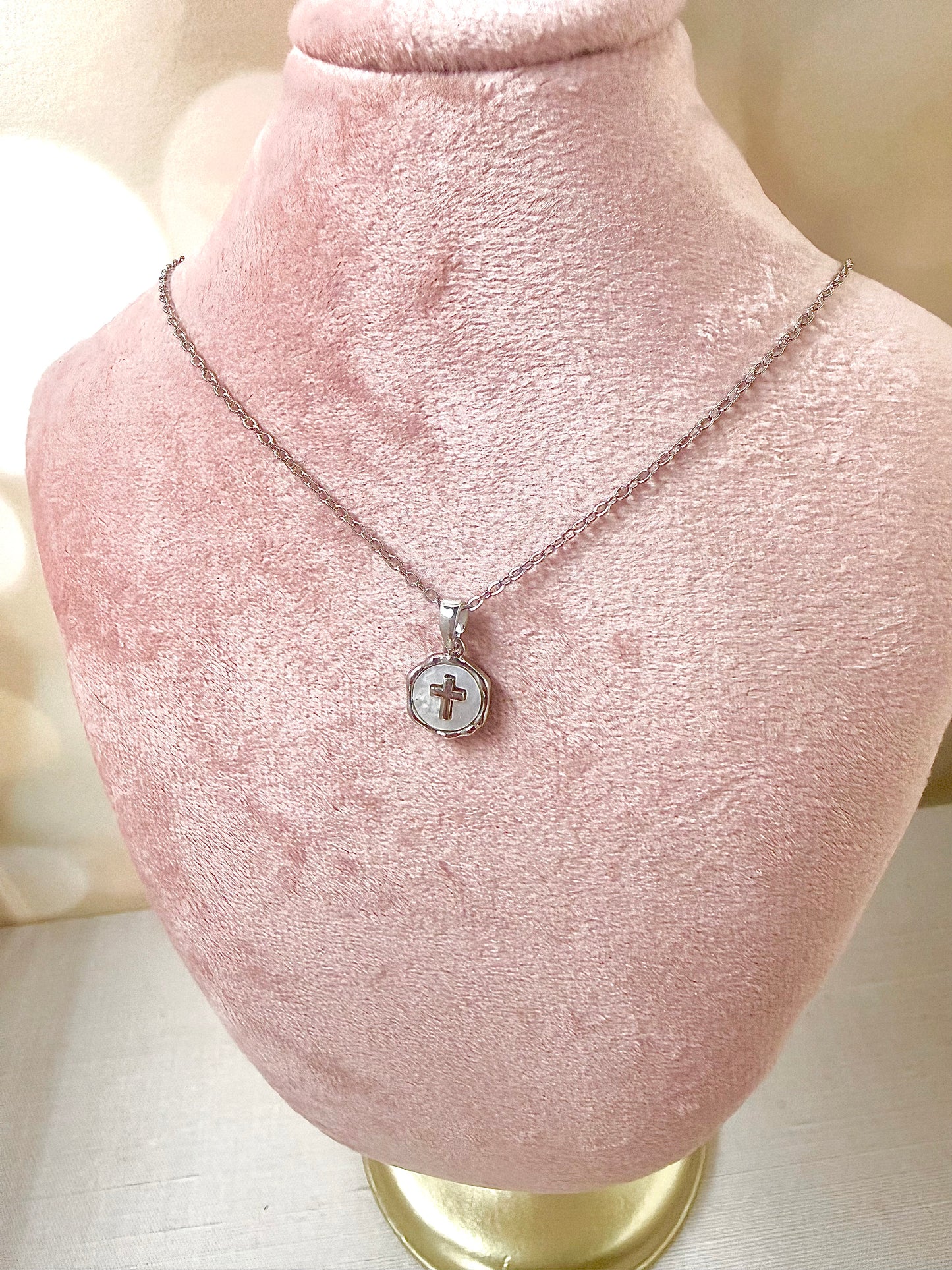Silver Mother of Pearl Cross Necklace