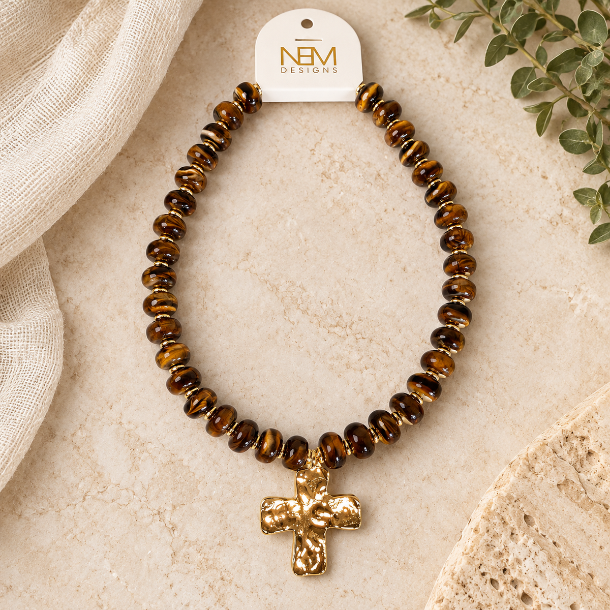 Brown Beaded Necklace with Cross