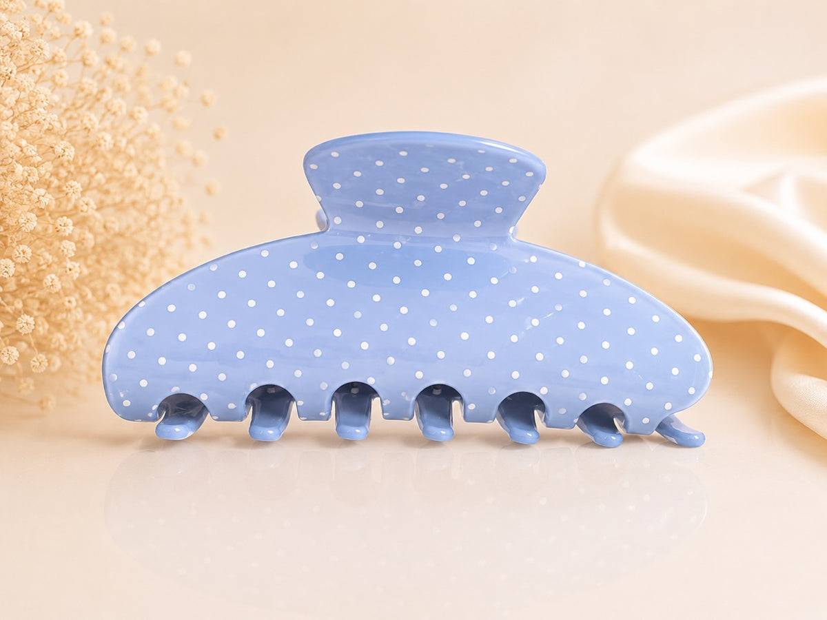 Light blue large claw hair clip with white polka dots
