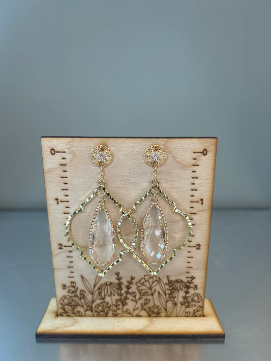 Large Gold/Clear Stone Dangle Earrings