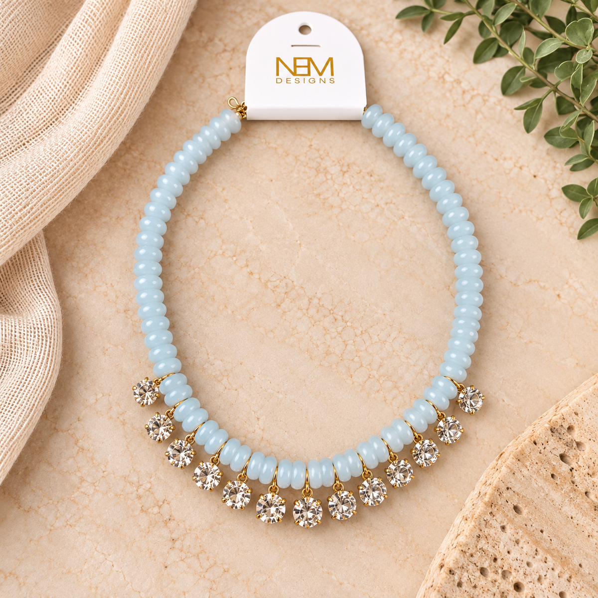 Blue Beaded Necklace with Clear Stone