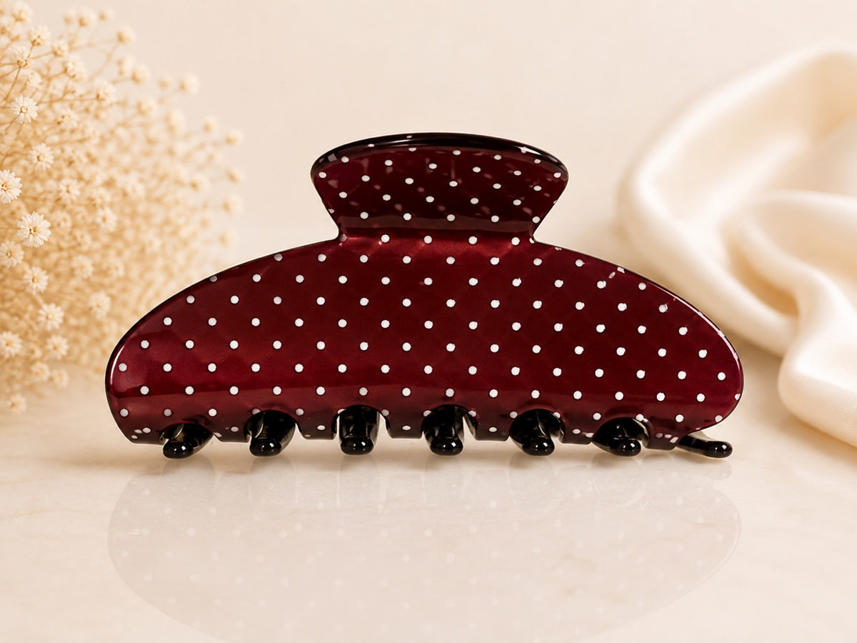 Burgundy large claw hair clip with white polka dots