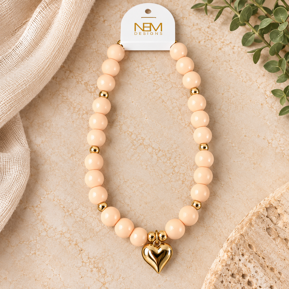 Peach Beaded Necklace with Heart