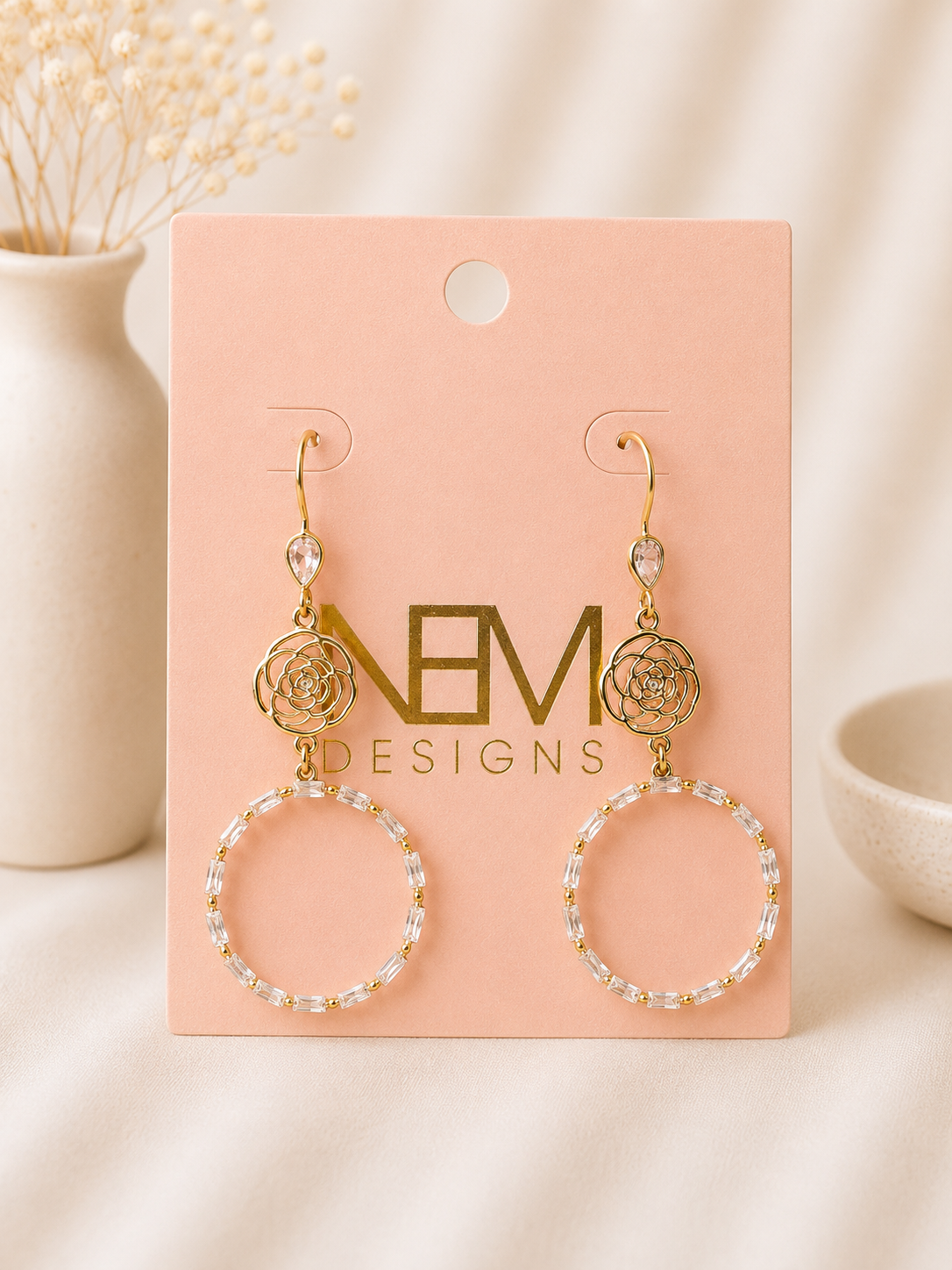 Gold Hook Earring with Rose and Gemstone Drops