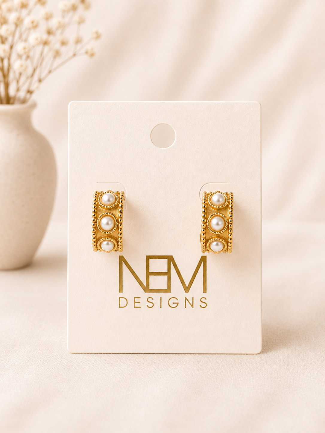 Detailed Gold and Pearl Hoop Earring