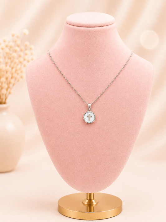 Silver Mother of Pearl Cross Necklace