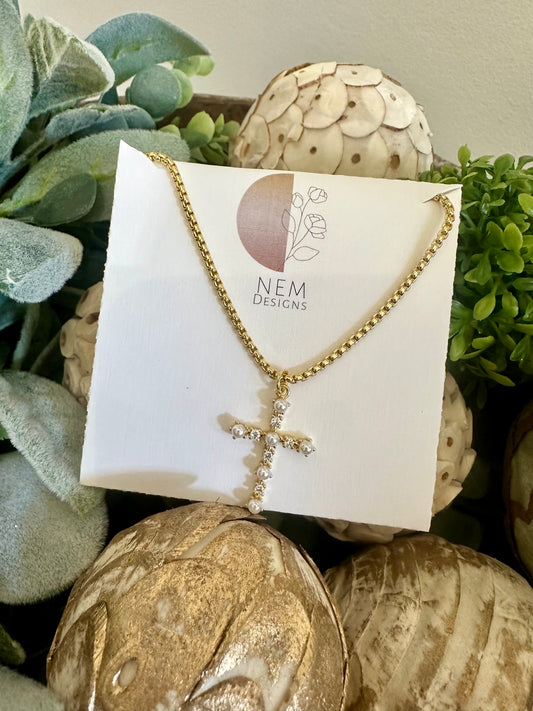 Gold cross necklace with pearls