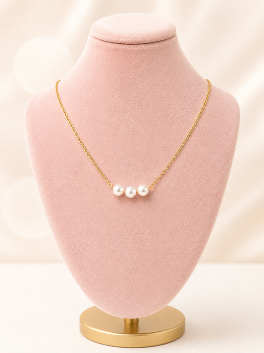 Three Pearl Gold Chain Necklace