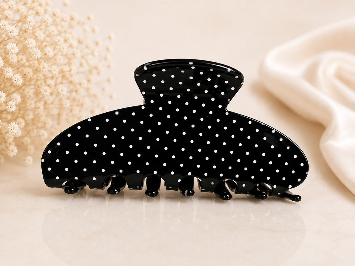 Black large claw hair clip with white polka dots