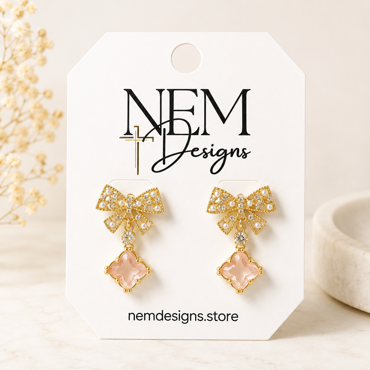 Ornate Bow with Pink Drop Earring