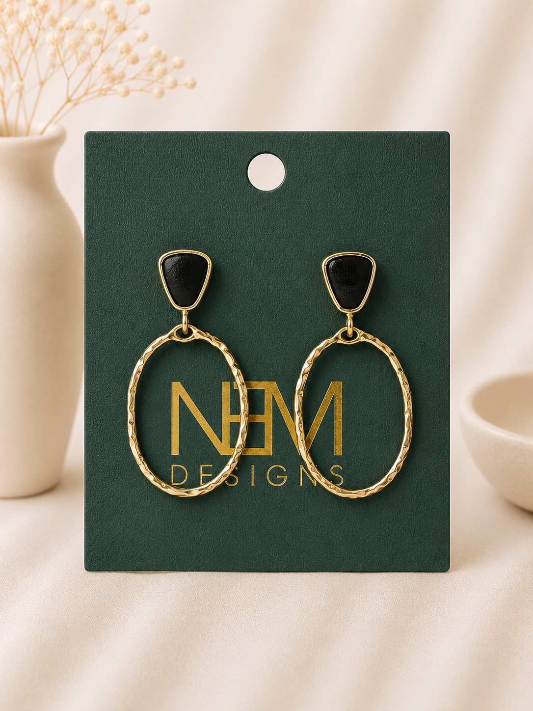 Black Enamel Stud Earring with Oval Drop
