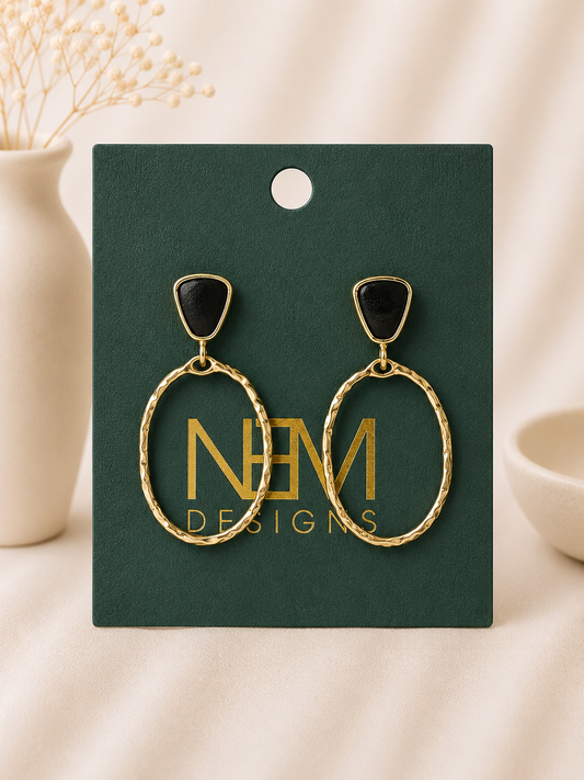 Black Enamel Stud Earring with Oval Drop