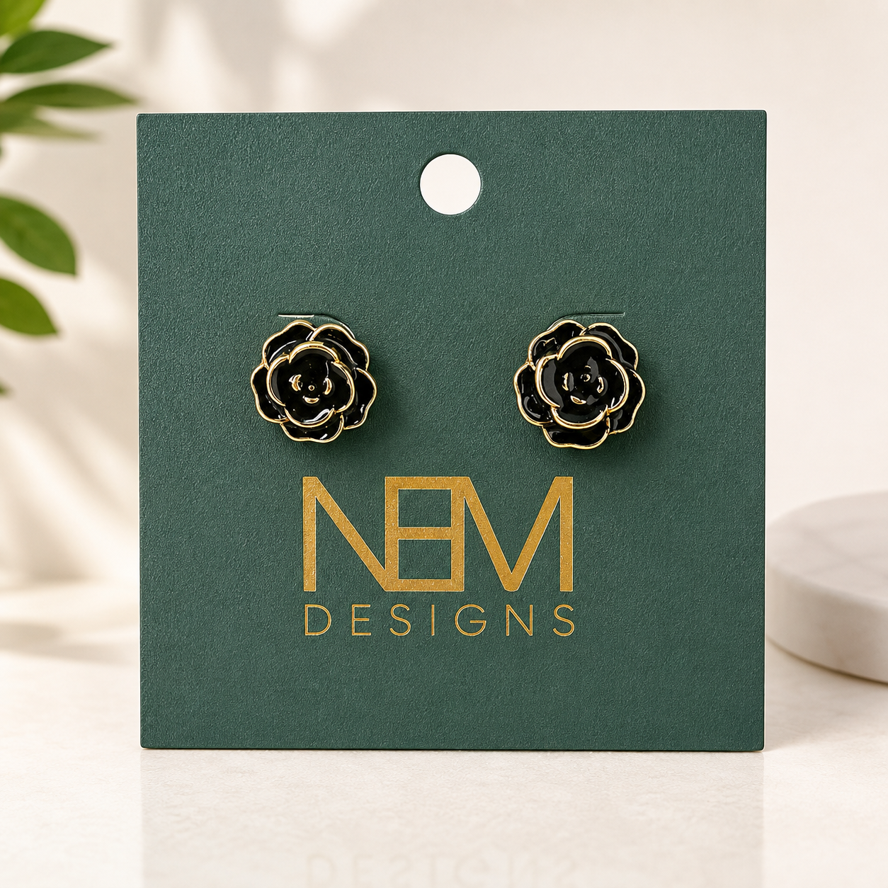 Black Enamel Flower Stud Earring