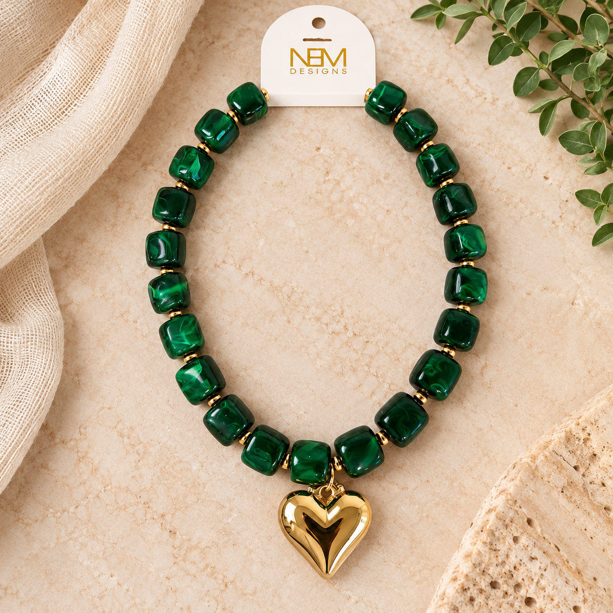 Green Beaded Necklace with Heart