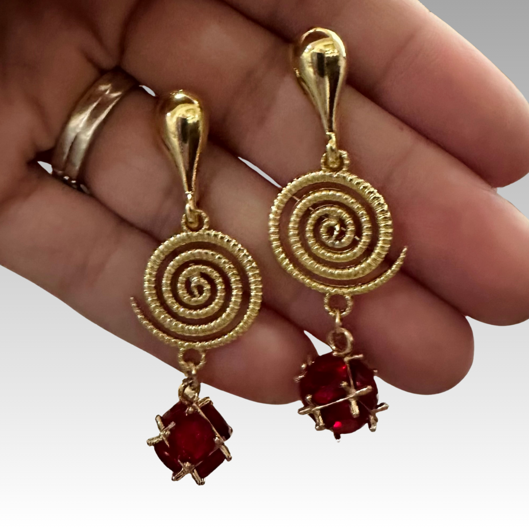 Gold Swirl and Red Gem Dangle Earrings