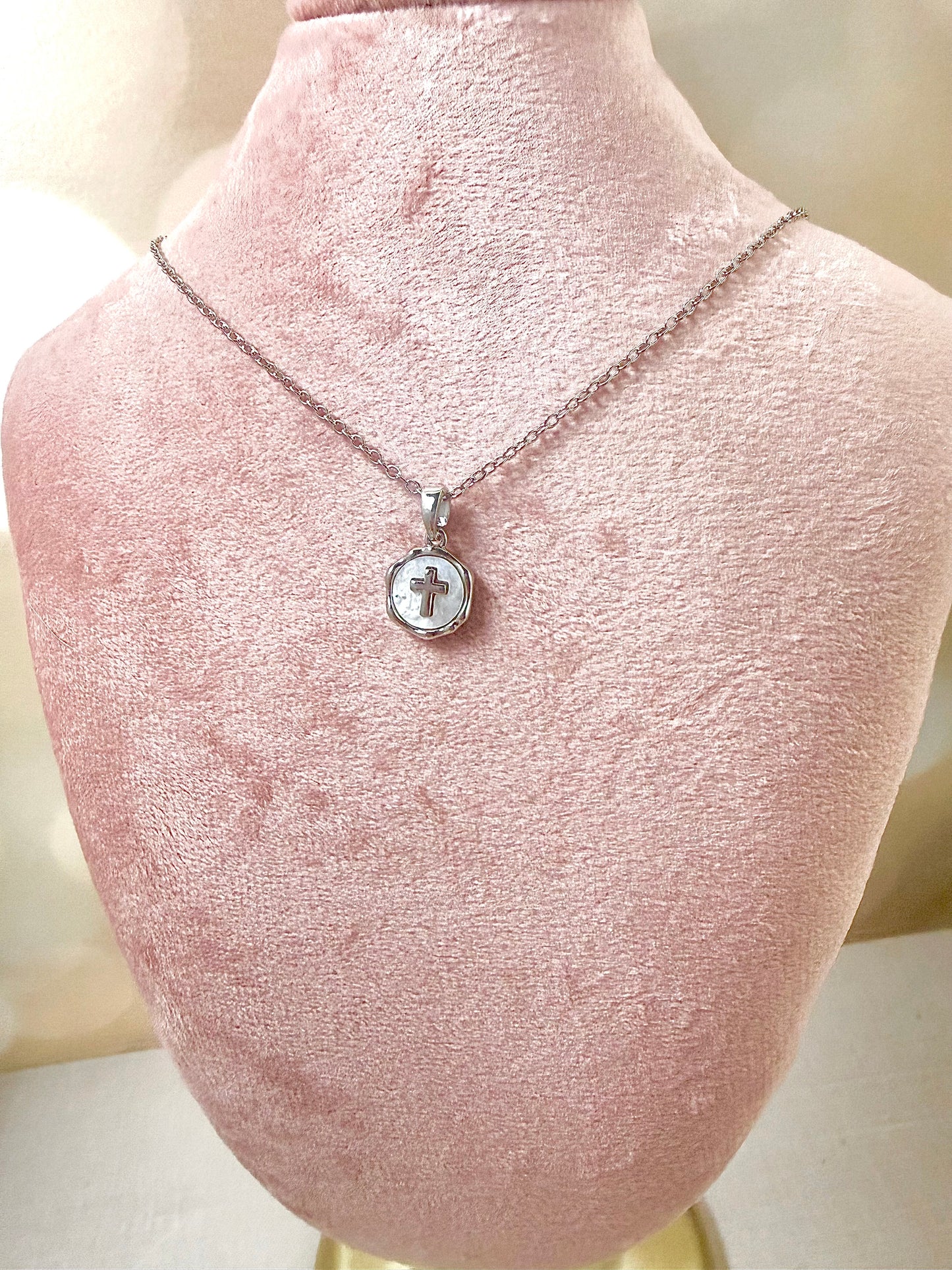 Silver Mother of Pearl Cross Necklace