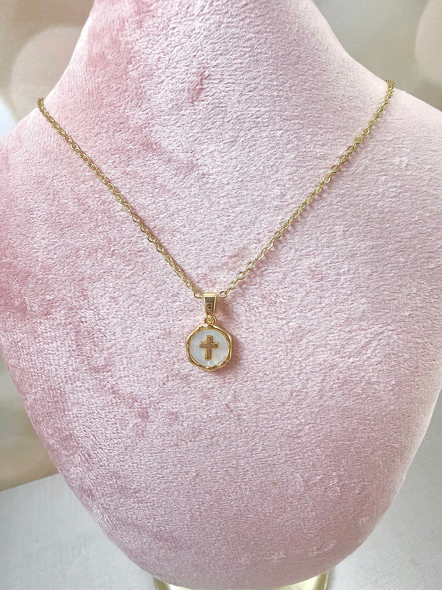 Gold Mother of Pearl Cross Necklace