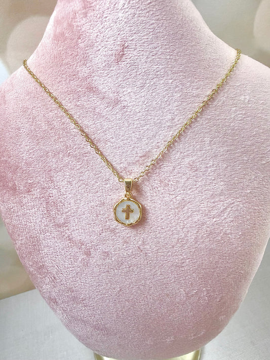Gold Mother of Pearl Cross Necklace