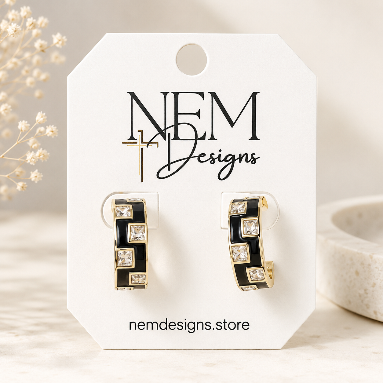 Black Enamel Checker Hoop Earring
