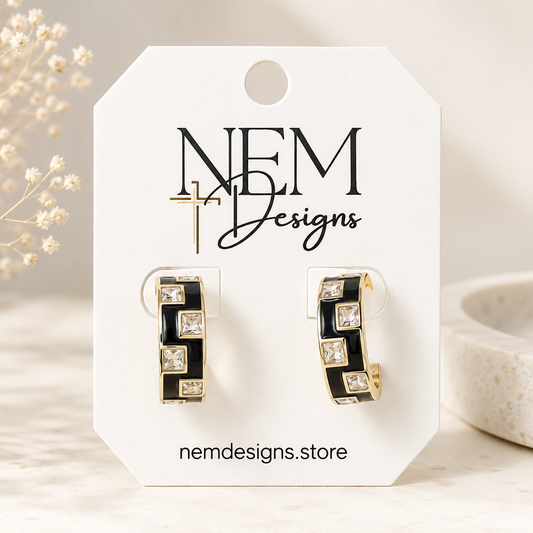 Black Enamel Checker Hoop Earring