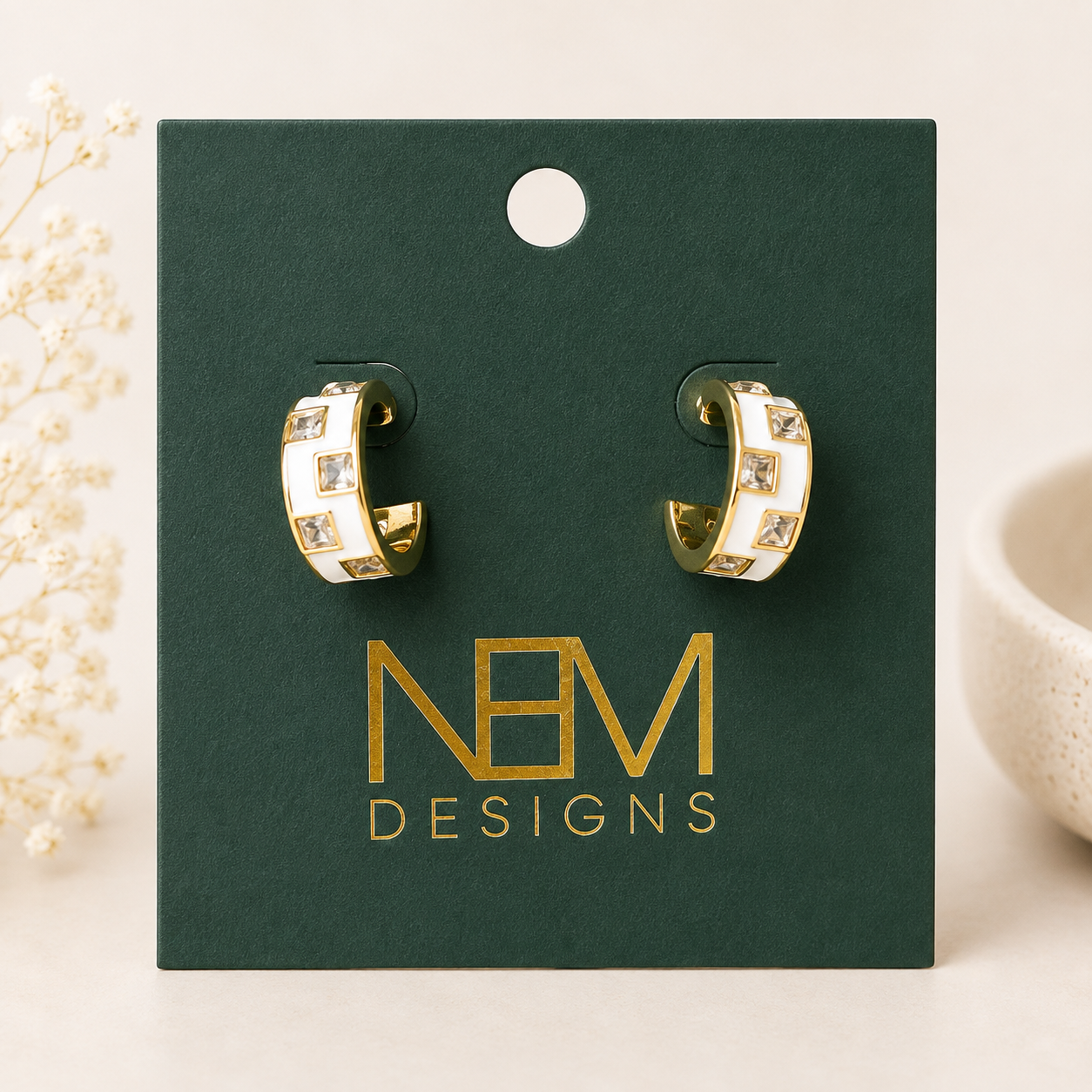 White Checker Enamel Hoop Earring