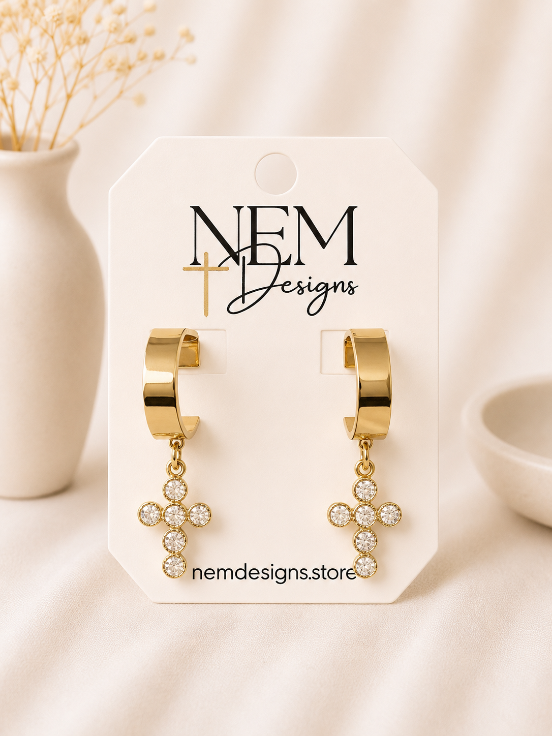 Geometric Hoop Earring with Bubble Cross Drop