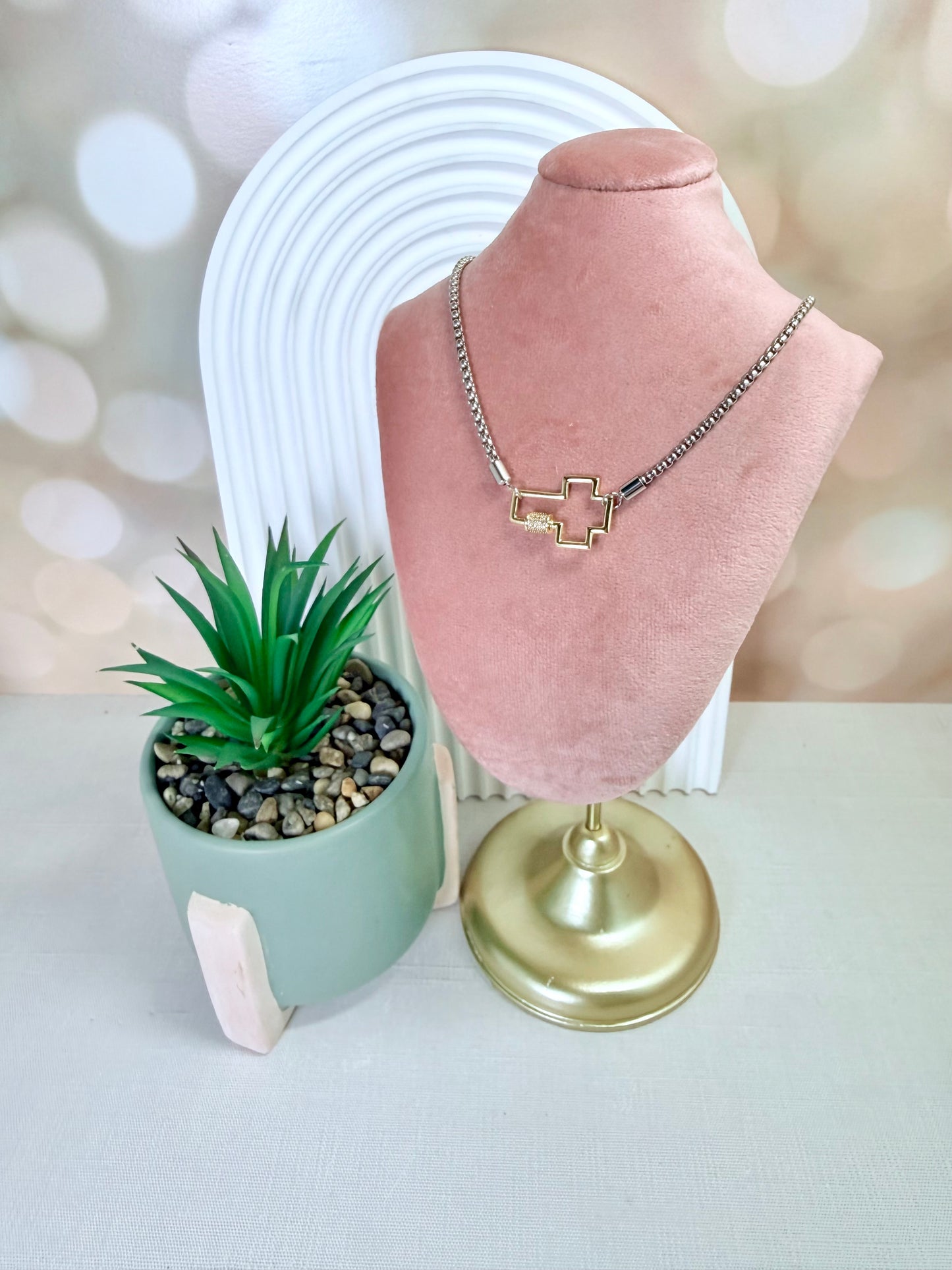 Two Tone Cross Carabiner Necklace