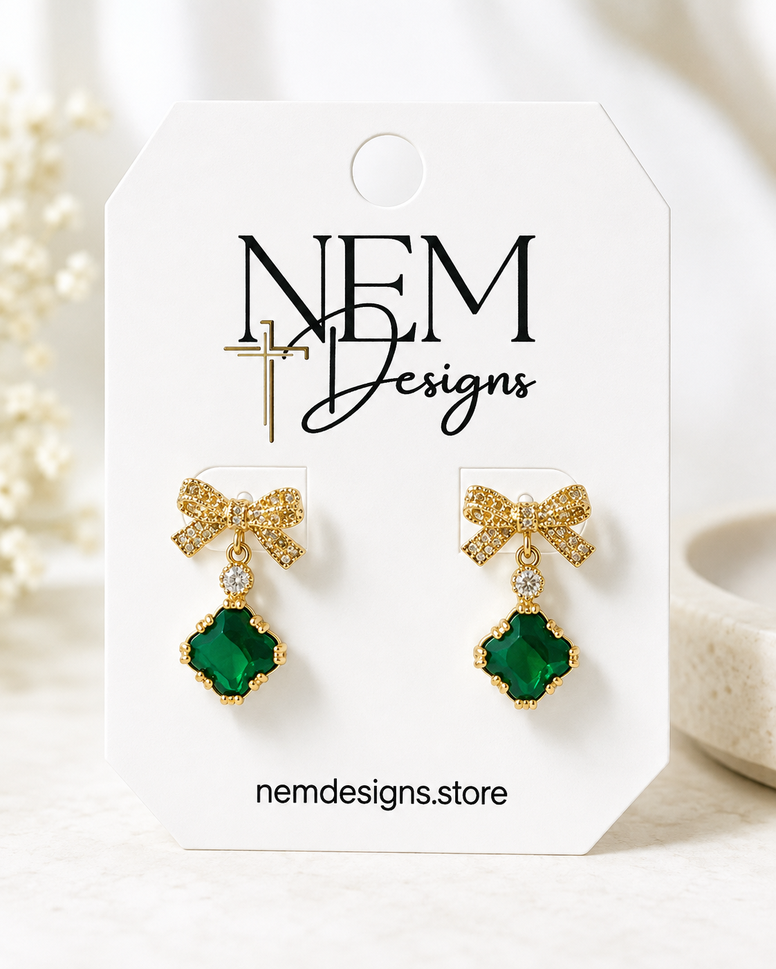 Ornate Bow Earring with Green Drop