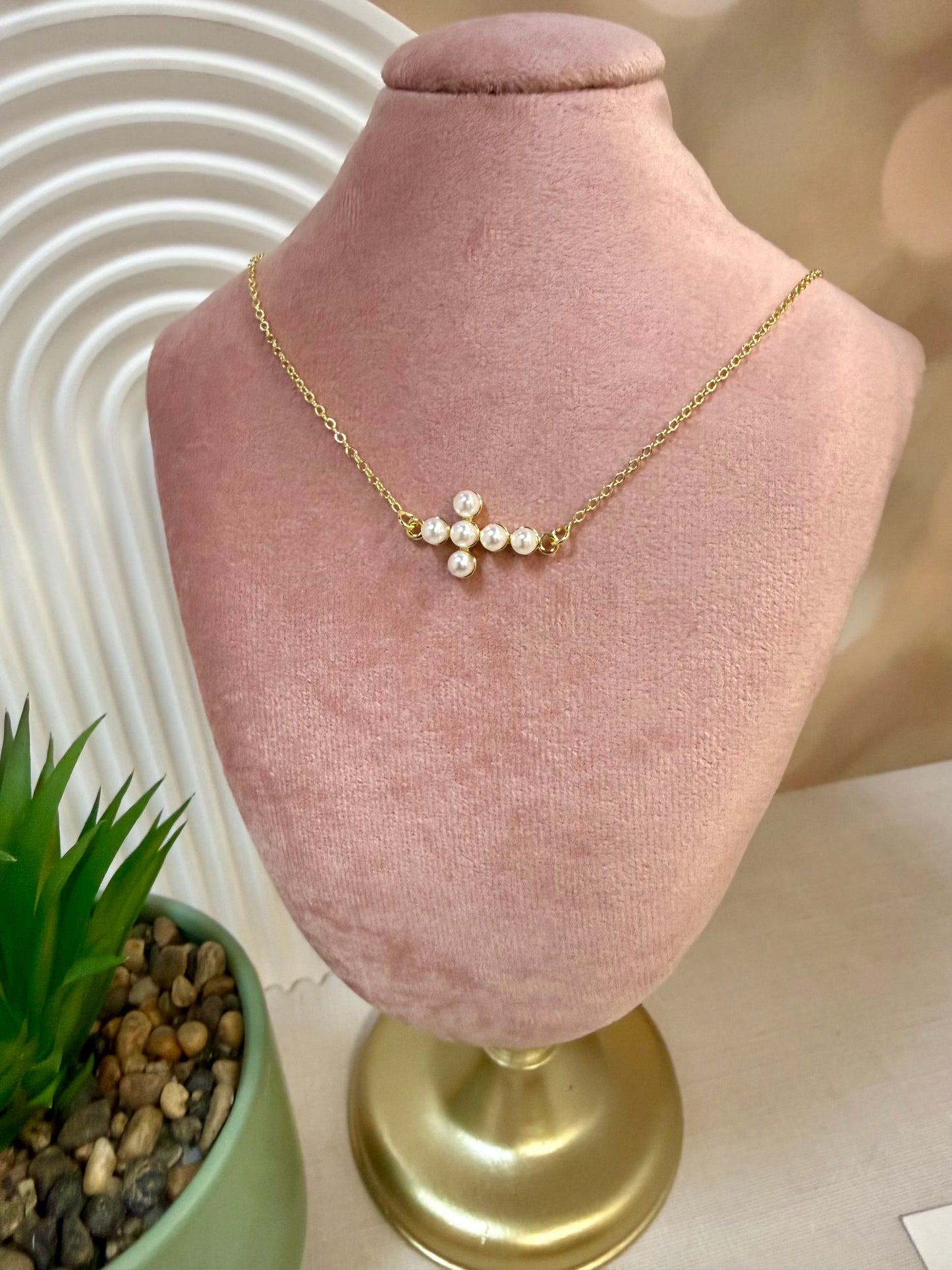 Gold and Pearl Sideways Cross