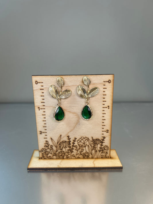 Gold/Emerald Dangle Leaf Earrings