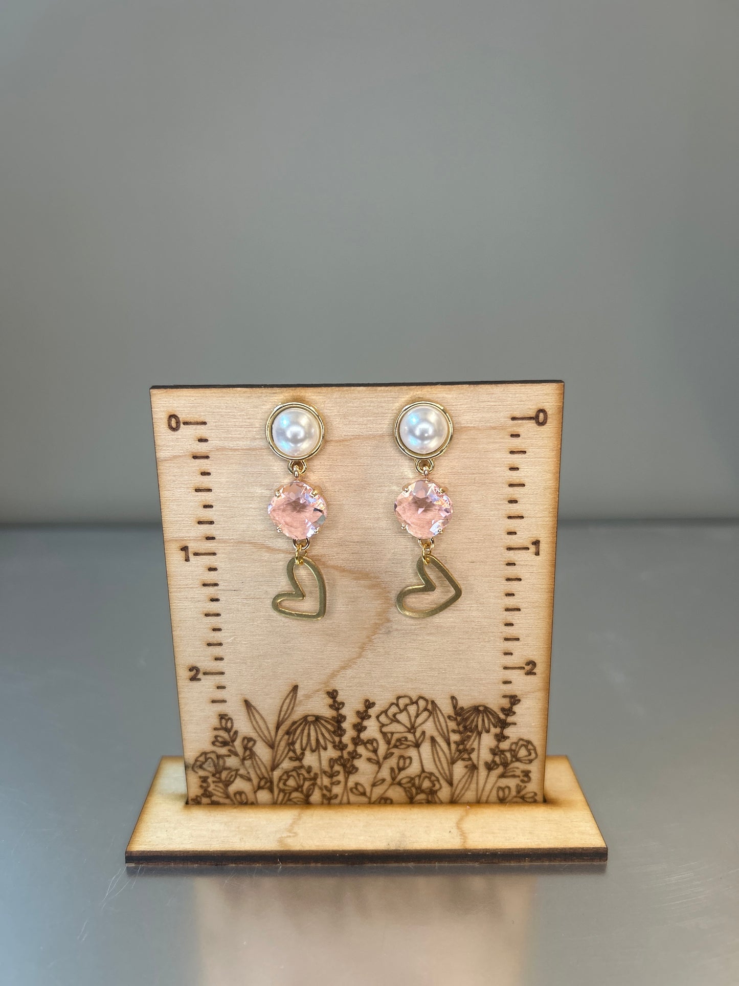 Pearl/Gold/Pink Heart Dangle Earrings