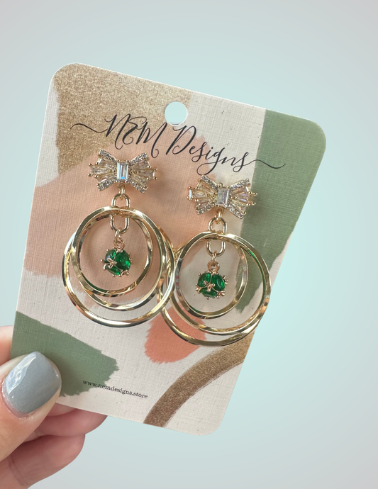 Gold Bow and Green Gem Earrings